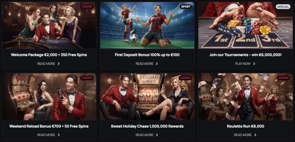 Tablero promocional de Casinova que muestra varios bonos de bienvenida y eventos.